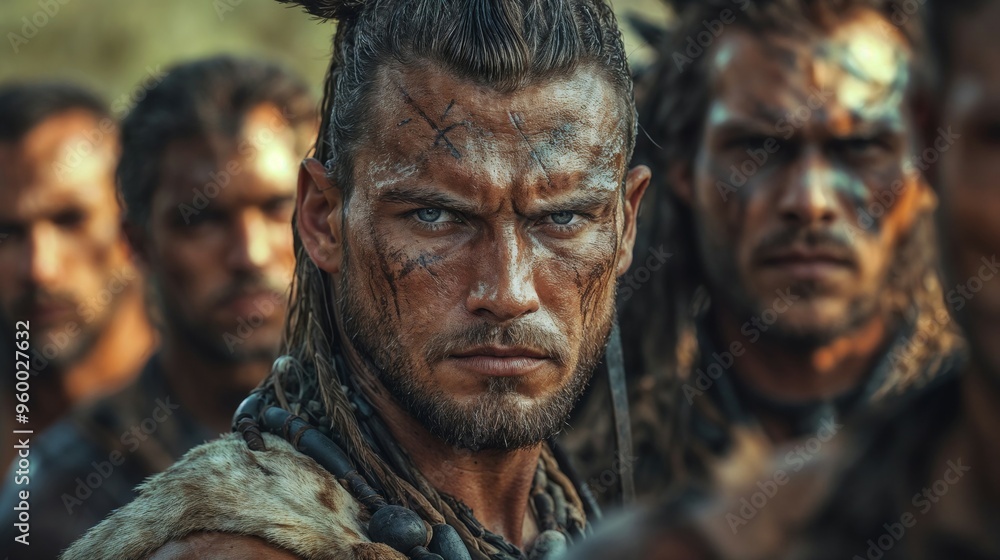 A man with mud on his face stands in line with others, waiting A man with mud on his face stands in line with others, waiting