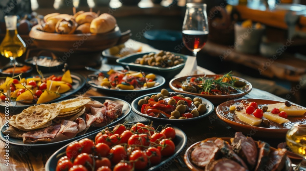 View of a tapas selection on a rustic table flat design front view Spanish small plates theme animation Monochromatic Color Scheme View of a tapas selection on a rustic table flat design front view Spanish small plates theme animation Monochromatic Color Scheme