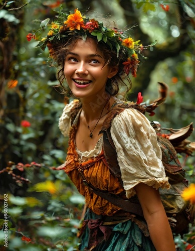 A joyful woman adorned with a floral crown smiles brightly in an enchanted forest. The vibrant flowers in her hair complement the lush, green surroundings, creating a whimsical and lively scene.