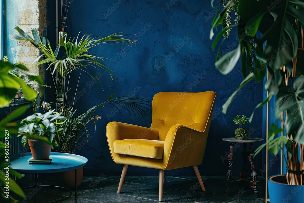 Fototapeta premium Vibrant Yellow Armchair and Lush Greenery Against a Deep Blue Wall