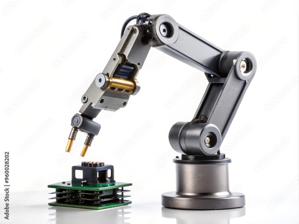 A miniature robotic arm, constructed with graphite composites, grasping a small electronic component, set against a clean white background to emphasize the precision and delicacy of the device. A miniature robotic arm, constructed with graphite composites, grasping a small electronic component, set against a clean white background to emphasize the precision and delicacy of the device.