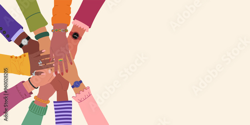 Different multiracial hands putting together. Concept of teamwork, social movement, partnership, cooperation. Hand drawn vector illustration isolated on light background.Modern flat cartoon style.
