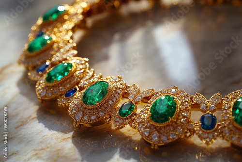 A close-up of an intricate gold necklace with large, vivid emeralds and sapphires embedded in the design. The jewelry rests on a polished marble surface, reflecting its luxurious luster. photo