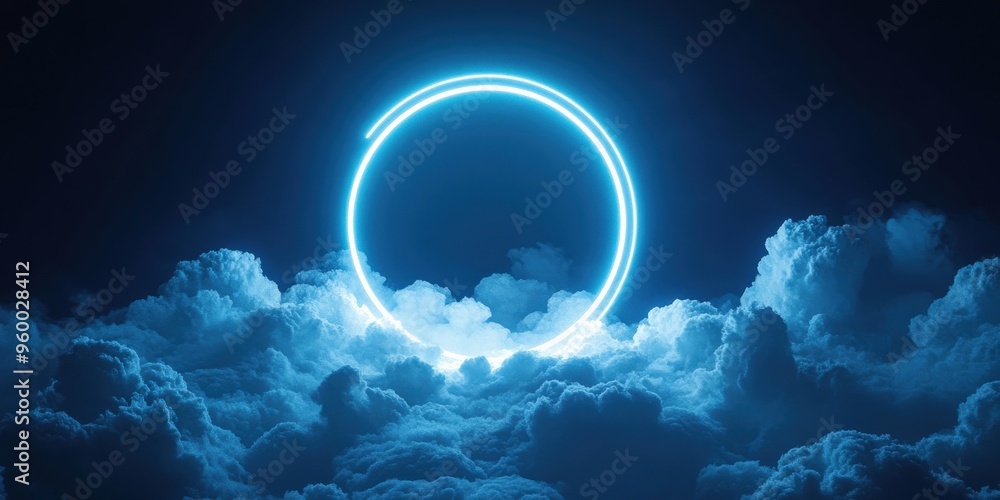 Neon Ring in Stormy Clouds Futuristic Night Sky Neon Ring in Stormy Clouds Futuristic Night Sky
