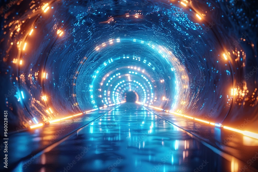 Abstract tunnel, corridor with rays of light and new highlights. Abstract blue background, neon. Scene with rays and lines, Round arch, light in motion, night view Abstract tunnel, corridor with rays of light and new highlights. Abstract blue background, neon. Scene with rays and lines, Round arch, light in motion, night view