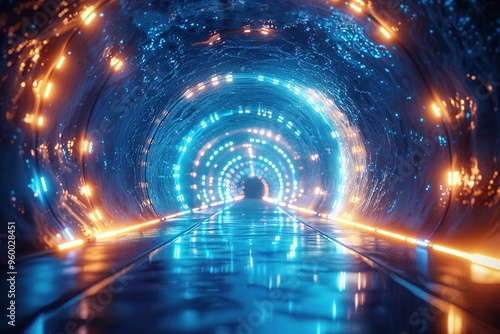 Abstract tunnel, corridor with rays of light and new highlights. Abstract blue background, neon. Scene with rays and lines, Round arch, light in motion, night view