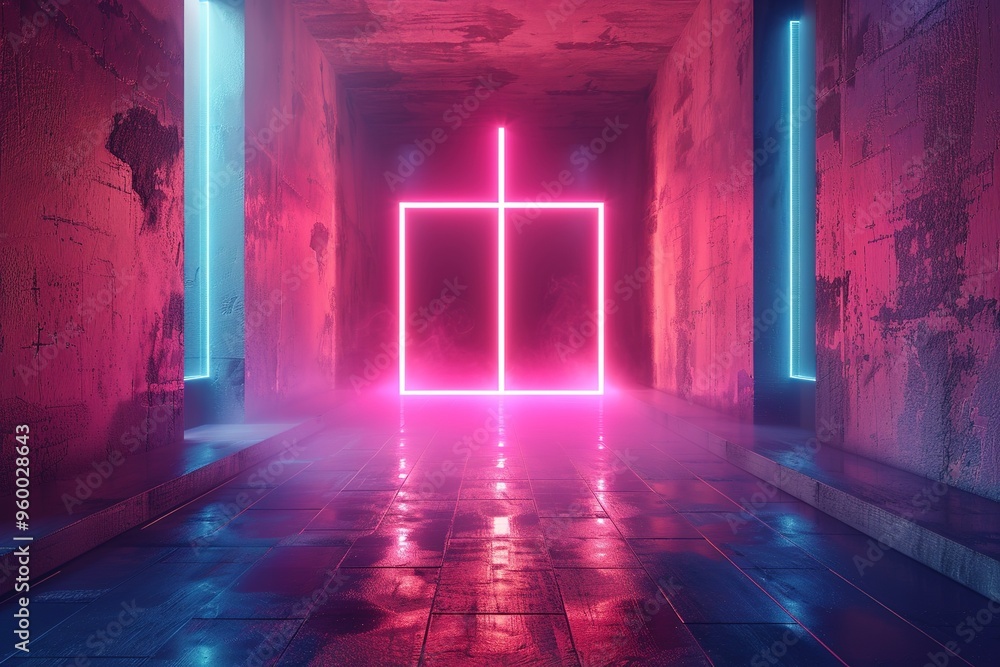 abstract neon background, glowing pink blue led light, cross symbol with tunnel optical illusion inside. Modern minimal geometric design, empty performance stage floor reflectio abstract neon background, glowing pink blue led light, cross symbol with tunnel optical illusion inside. Modern minimal geometric design, empty performance stage floor reflectio