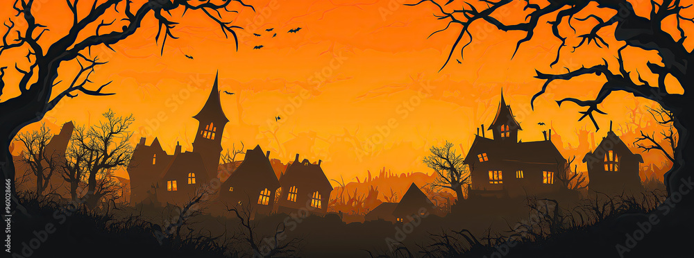 Haunted House Silhouette with Bats for Halloween Haunted House Silhouette with Bats for Halloween