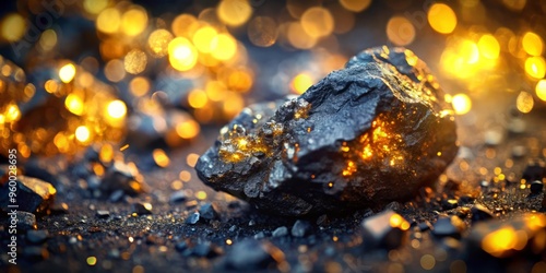 Close-up of graphite ore being extracted from the earth, with warm golden lighting highlighting the texture and sparkles of the mineral