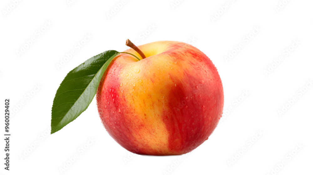a red and yellow apple with green leaves
a red and yellow apple with green leaves