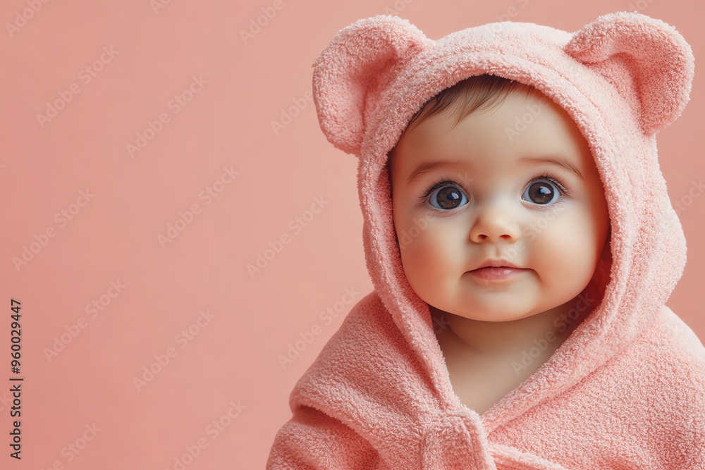Baby in Pink Bear-Eared Towel Robe Baby in Pink Bear-Eared Towel Robe