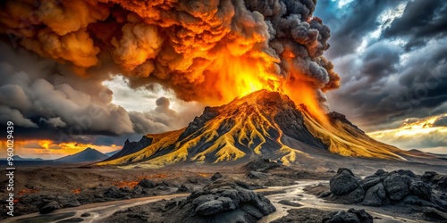 A dramatic close-up of pyroclastic deposit, with harsh, gritty textures and vibrant orange and yellow hues, contrasted against a deep photo