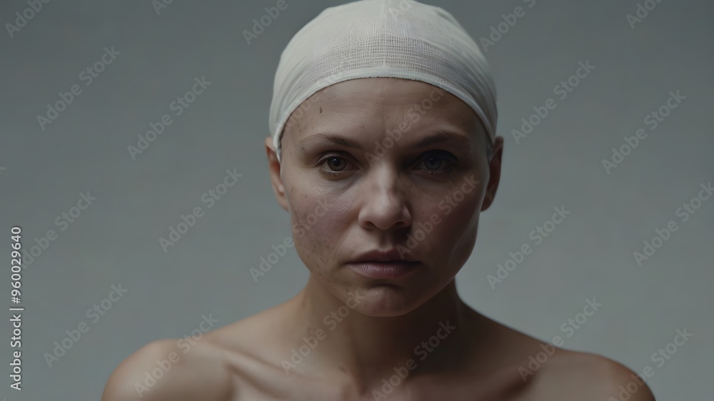 Close-up of a female patient with neutral expression in dim light with simple background Close-up of a female patient with neutral expression in dim light with simple background