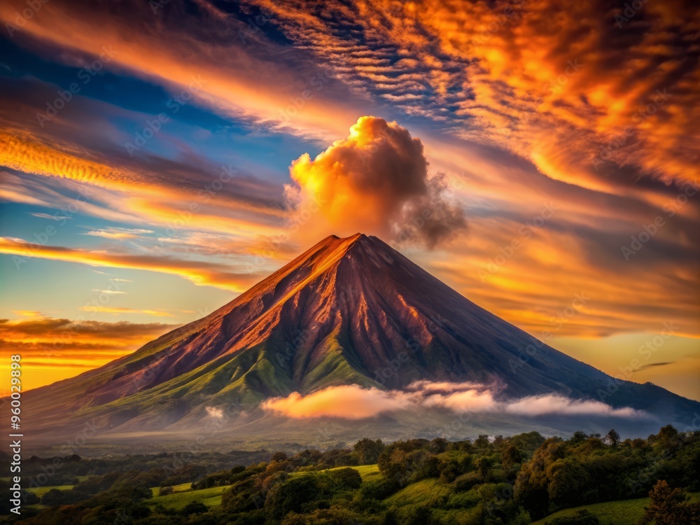 Fototapeta premium A symmetrical composition of a dormant volcano at dusk, with the setting sun casting a warm orange glow on the mountain's facade, and a few wispy clouds scattered across the sky.