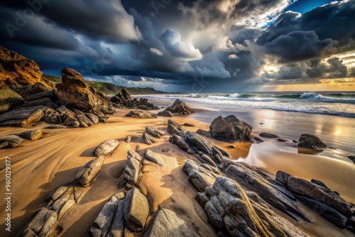 A low-angle shot of Scoria rocks strewn across a windswept beach, with the rocks' rough textures and deep crevices emphasized by the dramatic, stormy lighting. photo