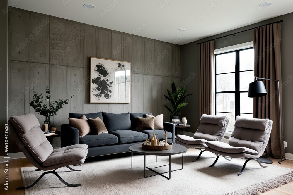 Fototapeta premium Cozy Living Room Design with Charcoal Gray and Muted Taupe Tones Unique Microcement Wall Texture Curated Decor and Comfortable Lounge Chairs