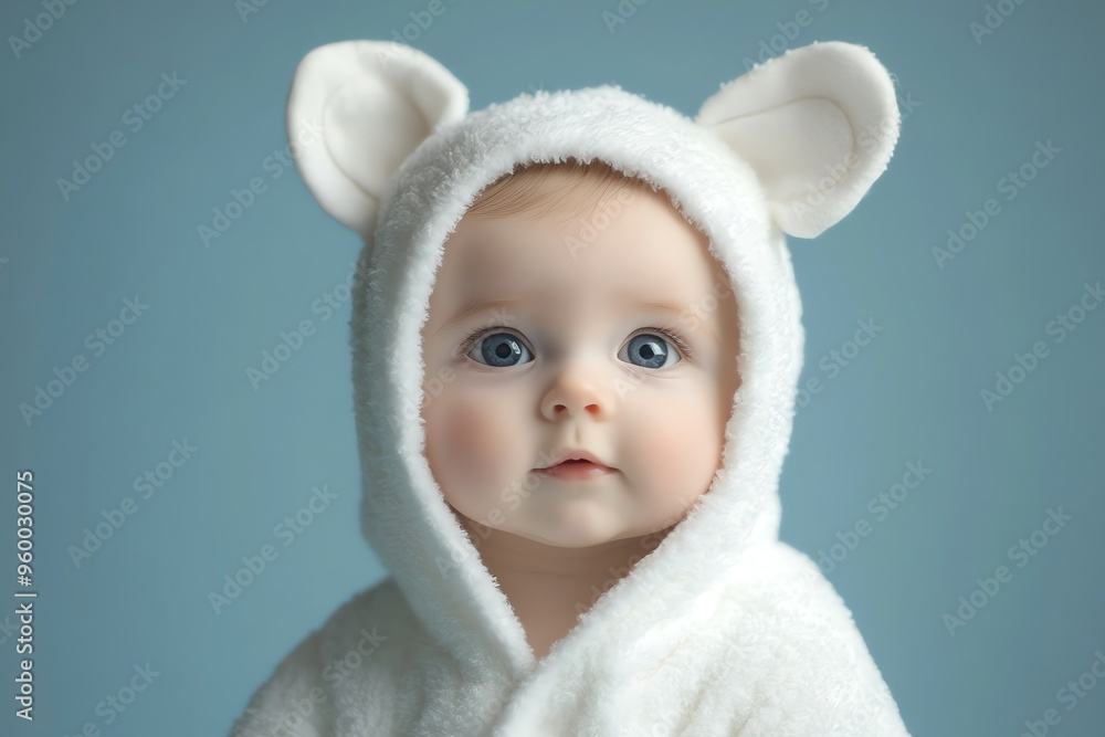 Adorable Baby in White Furry Robe with Bear Ears Adorable Baby in White Furry Robe with Bear Ears