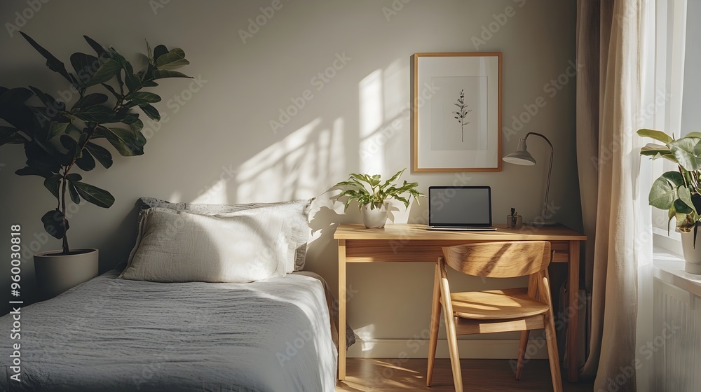 Fototapeta premium A serene and organized minimalist bedroom with a simple wooden desk and chair set up as a cozy workspace promoting focus and efficiency in a calm living space