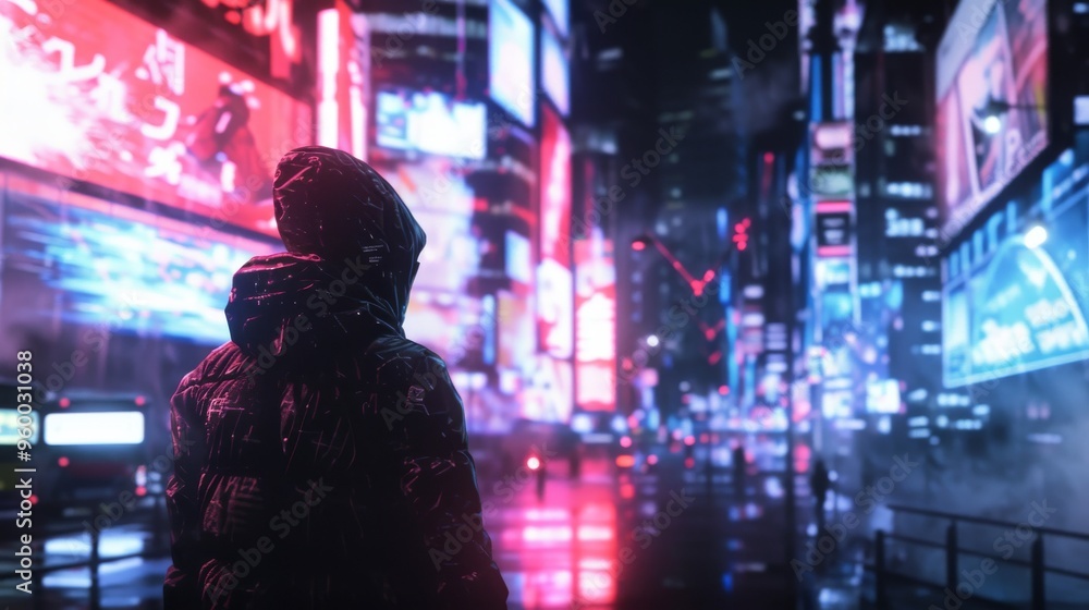 A lone hooded figure stands amidst the vibrant neon lights of a futuristic cityscape, creating a cyberpunk atmosphere. The blurred motion of surrounding lights enhances the sense of mystery and urban A lone hooded figure stands amidst the vibrant neon lights of a futuristic cityscape, creating a cyberpunk atmosphere. The blurred motion of surrounding lights enhances the sense of mystery and urban