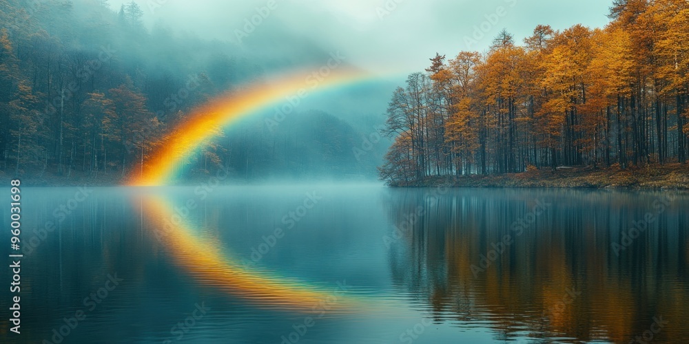 A Rainbow Over a Misty Lake Surrounded by Autumn Trees A Rainbow Over a Misty Lake Surrounded by Autumn Trees