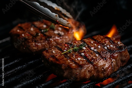 Two juicy, grilled steaks sizzling over an open flame with tongs.