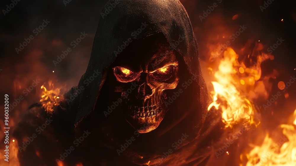 A menacing reaper in a dark cloak screams at the viewer, showcasing a skeletal face that embodies the chilling essence of Halloween night A menacing reaper in a dark cloak screams at the viewer, showcasing a skeletal face that embodies the chilling essence of Halloween night