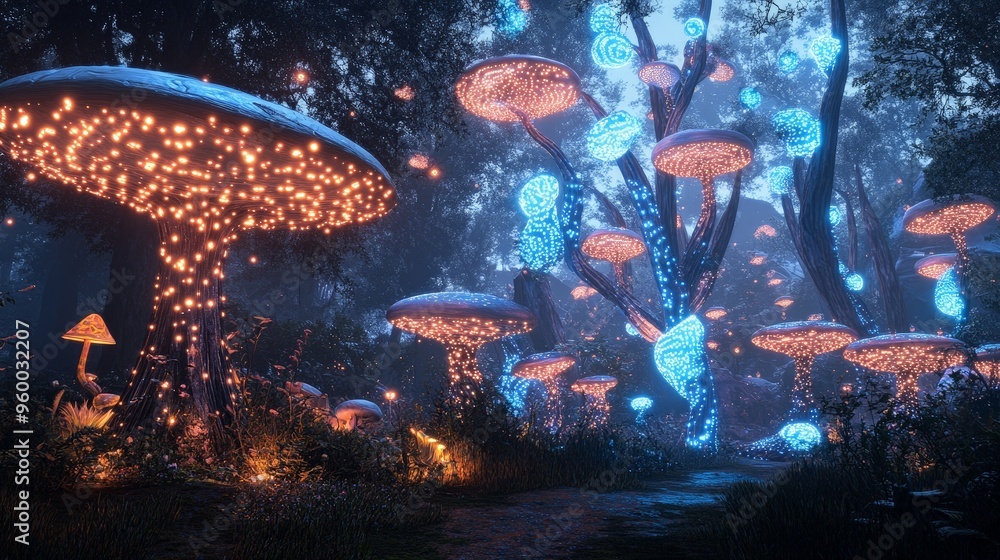 Obraz premium A fantastical setting where magic mushrooms grow on enchanted trees, with glowing patterns and magical creatures interacting with the fungi