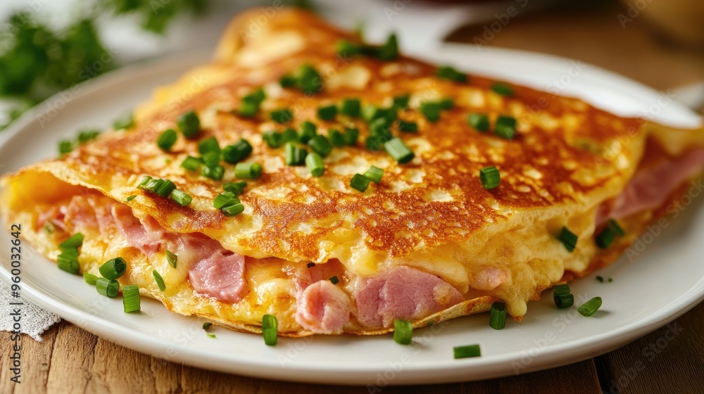 Delicious spicy ham and cheese crepes topped with fresh chives, served on a white plate, showcasing vibrant and appetizing flavors. Delicious spicy ham and cheese crepes topped with fresh chives, served on a white plate, showcasing vibrant and appetizing flavors.