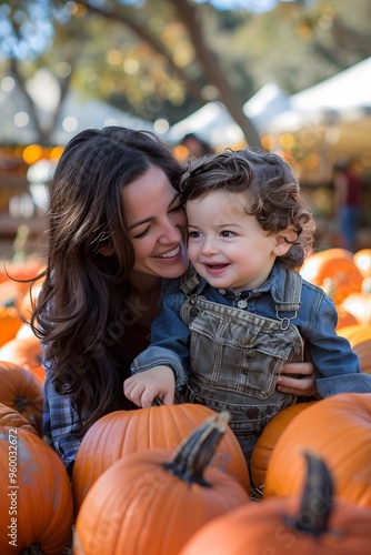 Harvest Celebration: Family Enjoying Pumpkin Picking and Halloween Festivities