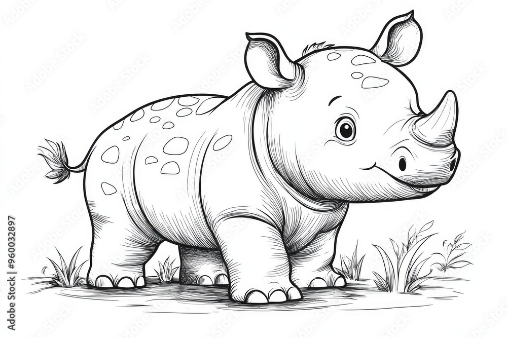 Fototapeta premium Cute baby rhino standing in the grass sketch drawing, coloring page