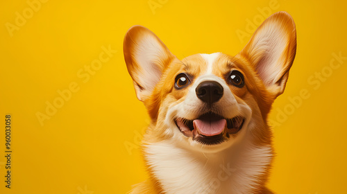 Smiling corgi on a yellow background