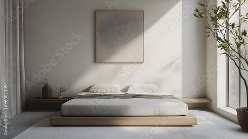 Minimalist bedroom design featuring a low profile bed a single piece of artwork above the bed and a calm serene atmosphere that invites relaxation and contemplation  The room s clean lines photo