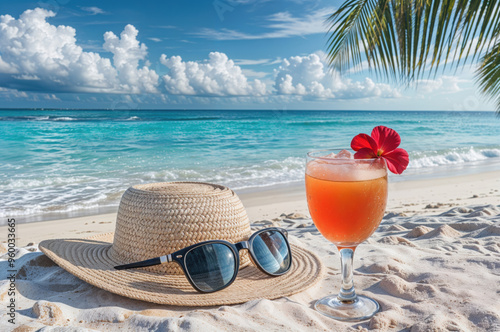 Fototapeta Naklejka Na Ścianę i Meble -  Refreshing tropical cocktail on a white sand beach with a straw hat and sunglasses, ocean waves and palm leaves in the background. High quality photo
