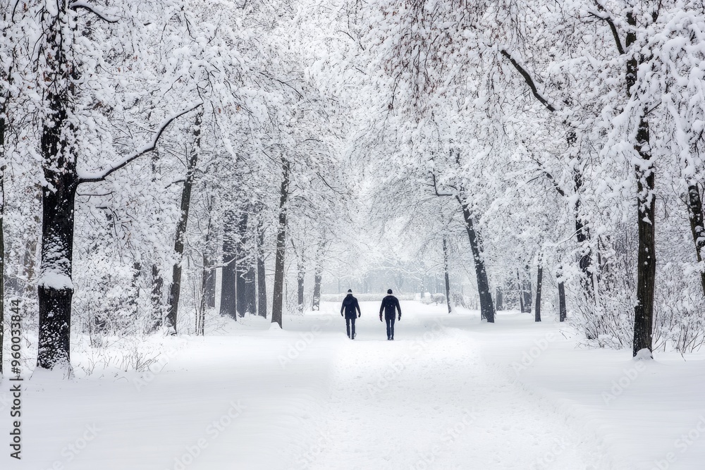 Two businessmen walking down snowy park path Two businessmen walking down snowy park path