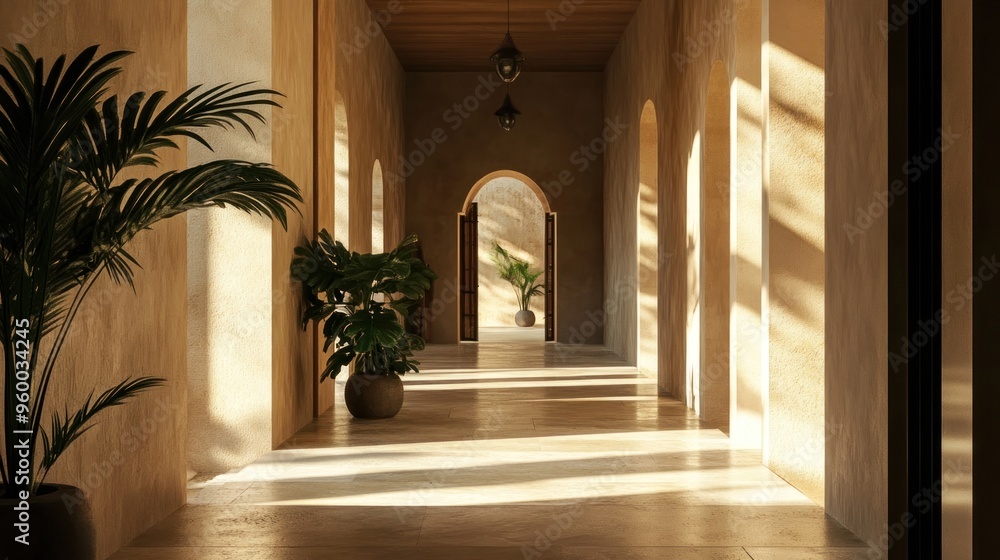 Sunlit Corridor in a Moroccan-Style Building Sunlit Corridor in a Moroccan-Style Building