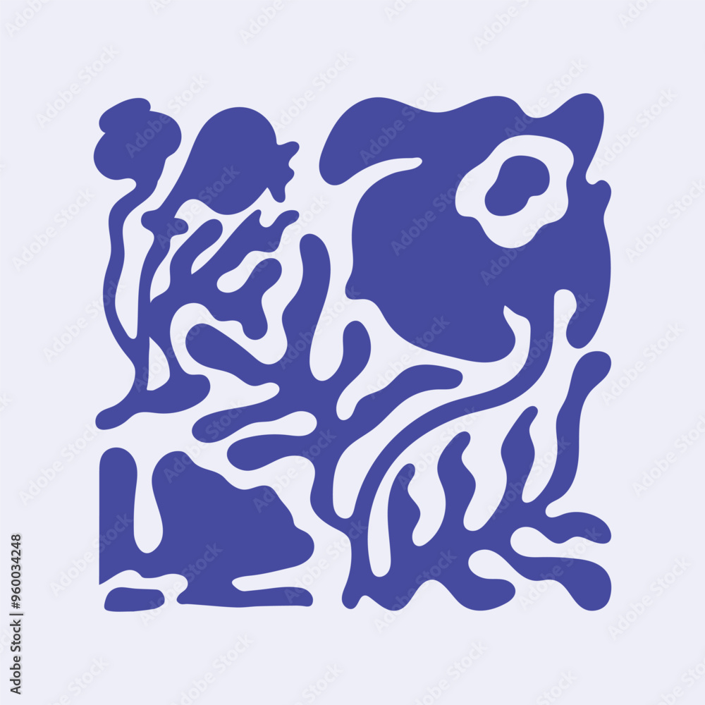 Obraz premium Stylized floral pattern on card. Twisted shape branch of abstract plants. Blue silhouettes of flowers Matisse. Print of curved blossoms, leaves shadows. Wall art, decor. Flat vector illustration