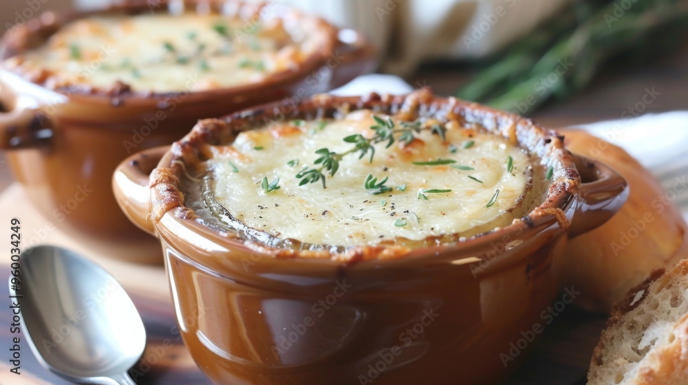 Cheesy French Onion Soup in a White Bowl Topped with Fresh Herbs Cheesy French Onion Soup in a White Bowl Topped with Fresh Herbs
