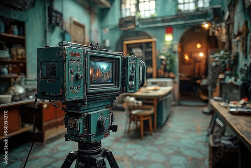 Vintage movie camera recording a restaurant scene in 4k