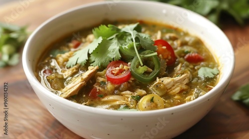 Chicken Tortilla Soup Bowl Garnished with Fresh Cilantro. Slow Cooker Spicy Green Chicken Chili