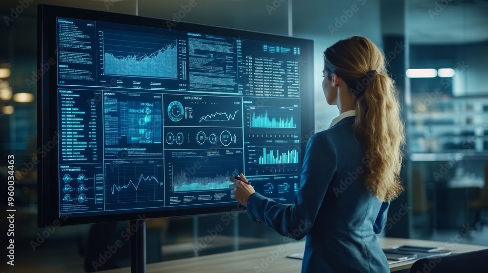 Businesswoman Analyzing Data on Touchscreen Monitor Businesswoman Analyzing Data on Touchscreen Monitor