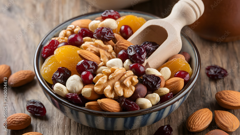 A bowl of mixed nuts and dried fruits, including almonds, walnuts, cranberries, and apricots, served in a ceramic bowl with a small wooden scoop.
A bowl of mixed nuts and dried fruits, including almonds, walnuts, cranberries, and apricots, served in a ceramic bowl with a small wooden scoop.