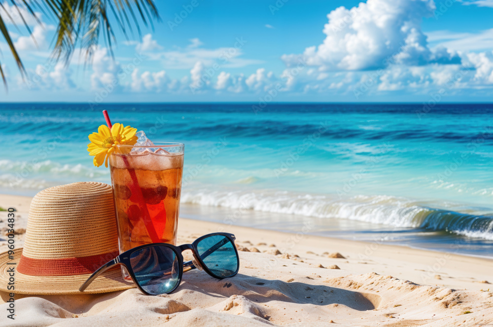 Refreshing iced tea drink is standing on a sandy beach next to a straw hat and sunglasses on a sunny day. High quality photo Refreshing iced tea drink is standing on a sandy beach next to a straw hat and sunglasses on a sunny day. High quality photo