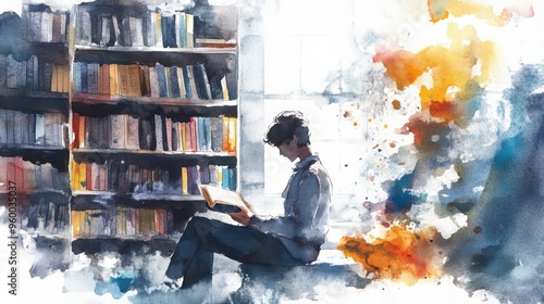 Watercolor Painting of Person Reading in Library. National Authors Day