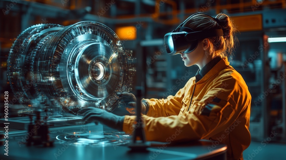 Engineer using VR technology in futuristic factory Engineer using VR technology in futuristic factory