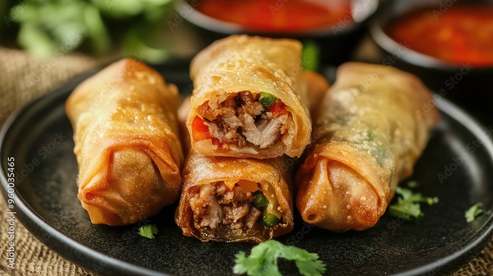 Egg rolls, filled with vegetables and pork, served with sweet and sour sauce. Egg rolls, filled with vegetables and pork, served with sweet and sour sauce.