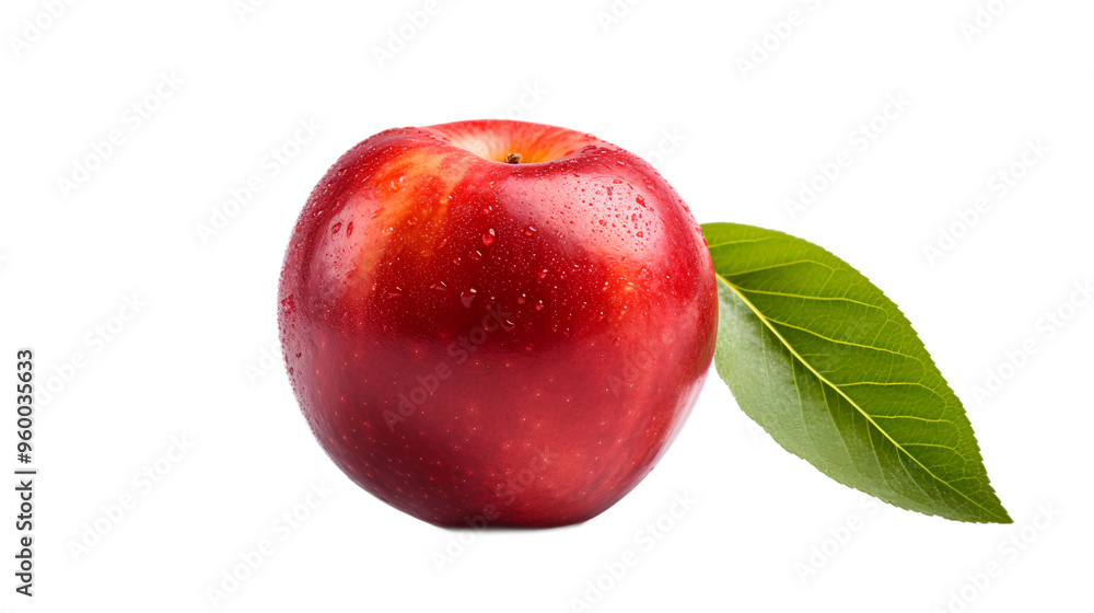 a red apple with a green leaf. 