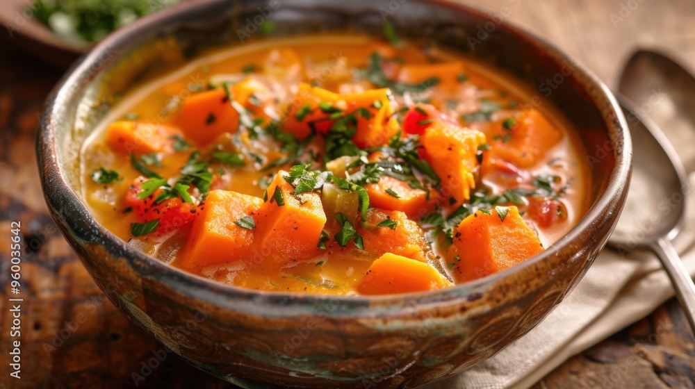 Homemade Butternut Squash Soup in Rustic Setting. Sweet Potato Chowder Homemade Butternut Squash Soup in Rustic Setting. Sweet Potato Chowder