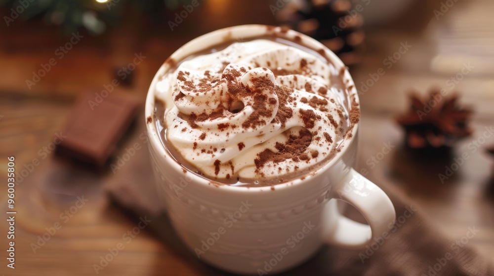Festive Hot Chocolate Mugs with Whipped Cream and Cinnamon Sticks. Spiked Hot Chocolate Festive Hot Chocolate Mugs with Whipped Cream and Cinnamon Sticks. Spiked Hot Chocolate
