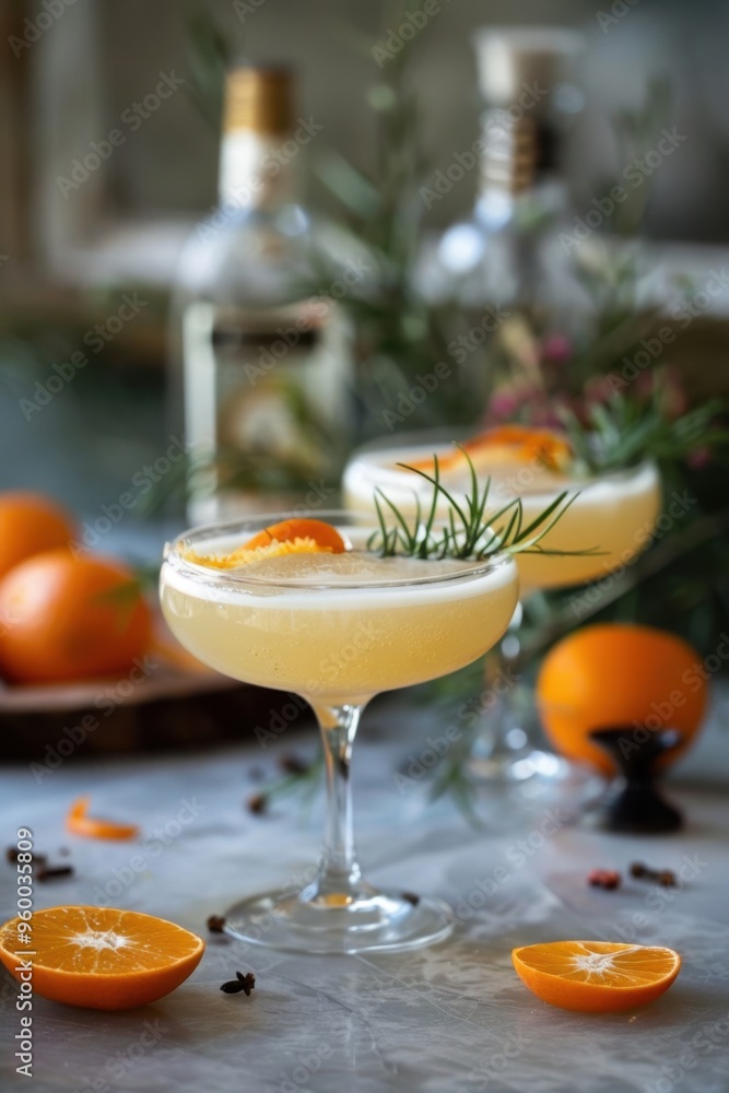 Citrus Cocktail Refreshment on a Glass Table. Spiced Orange Spritzer Citrus Cocktail Refreshment on a Glass Table. Spiced Orange Spritzer