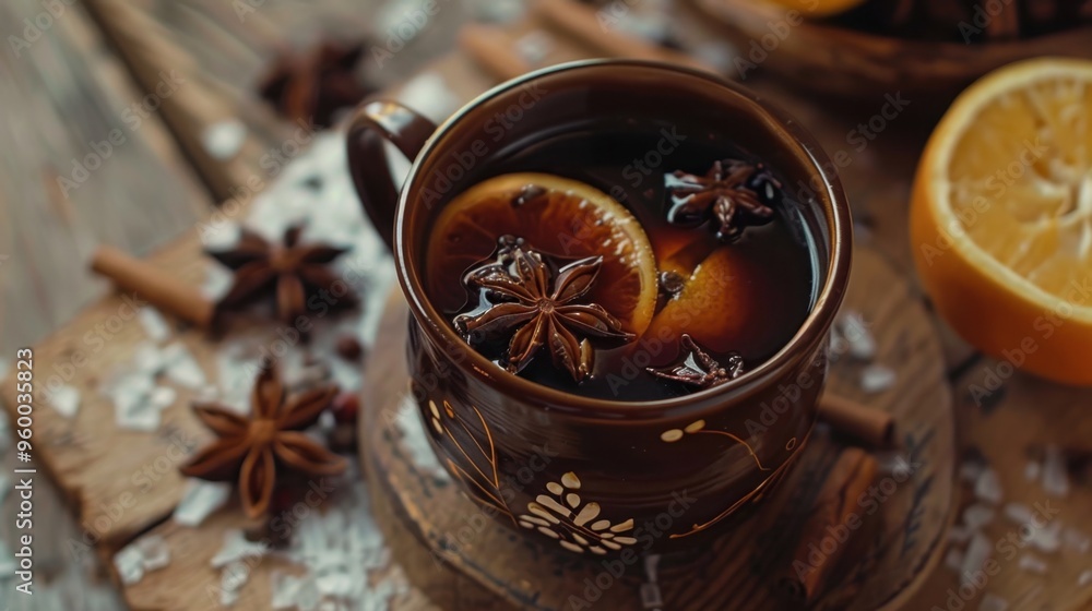 Warm Spiced Tea with Orange and Star Anise in Rustic Mug Warm Spiced Tea with Orange and Star Anise in Rustic Mug